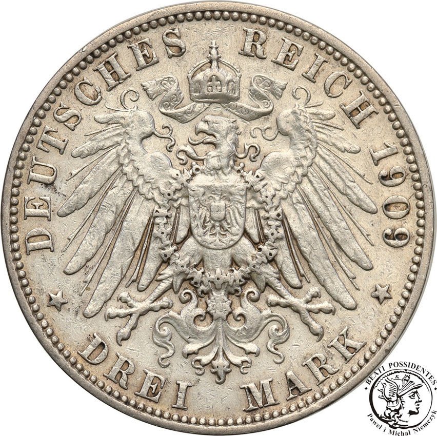 Niemcy, Saksonia. 3 marki 1909 E